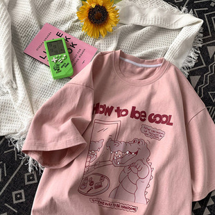 2024 pure cotton couple short sleeve T-shirt new Hong Kong style fun printed student loose all-match couple half sleeve t-shirt