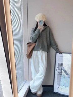 Li Meizi Solid Color Lazy Style Hooded Cardigan Women's 2024 Autumn and Winter New Double Zipper Knitted Sweater Jacket for Women