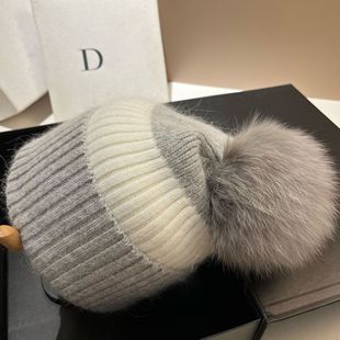 Iceland fox fur ball sweet wool cap winter warm angora rabbit hair knitted cap Korean color matching ear protection cap