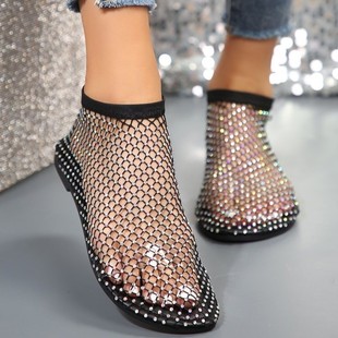 2024 Summer new European and American peep toe sandals women lace sexy mesh sandals plus size rhinestone round toe sandals women
