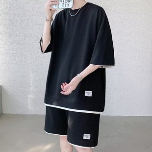 Waffle short-sleeved shorts two-piece set of summer ice silk t-shirt men's clothing set with handsome fashion brand leisure sports