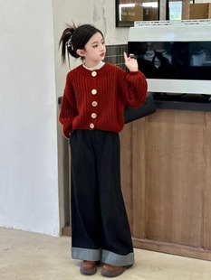 Girls' sweater coat autumn and winter 2024 new girls western style red knitted children's autumn cardigan top