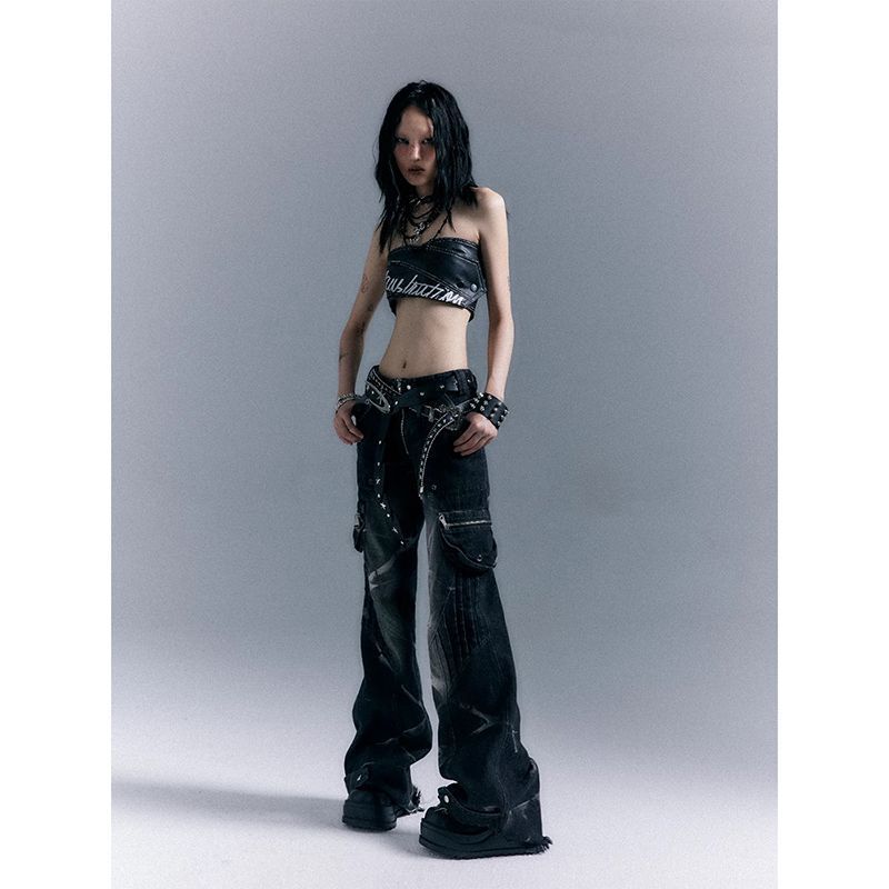Cross-Border Design Street Punk Heavy-Duty Low-Waist Bootcut Pants for Women 2025 Spring Rivet Retro Washed Denim Pants