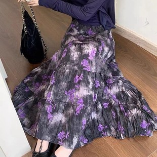 Pleated 2024 French Vintage Stitching Floral Large Swing Chiffon Printed Pleated High Waist Midi Skirt