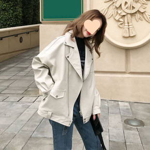 Leather Women's creamy-white Hot Korean-style All-match Slim-fit Loose-fit Collar Motorcycle Leather Jacket Trendy Coat