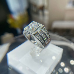 European and American cross-border new full diamond moissanite big men's ring artificial diamond 1 karat TikTok live broadcast open mouth design wholesale