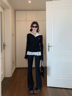 American Style Black V-Neck Shoulder Long-Sleeved T-Shirt Women's Early Autumn 2024 New Slim-Fit Slimming Sweet Spice Girls Tight Waist Top