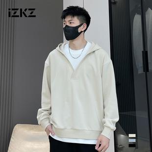 Izkz Fake Two-piece V-neck Hooded Long-sleeved Sweater Men's Spring 2025 New Solid Color Loose Casual Trendy Brand Hoodie