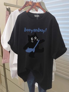 2025 New Cartoon Round Neck Short-sleeved T-shirt Women's Mid-length Loose Casual plus size White Top Summer Trendy