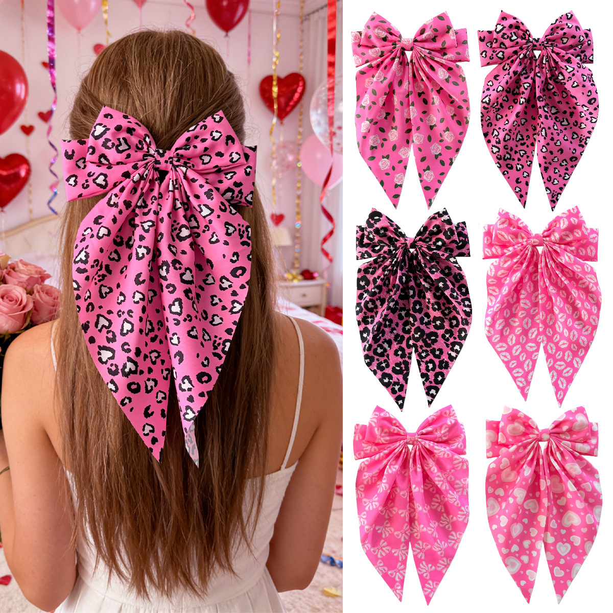 New Valentine's Day Hair Accessories Bow Hairpin Pink Series Rose Heart Print Spring Clip Holiday Headdress