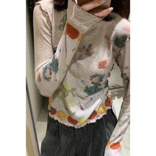 2025 Spring and Autumn New Korean Style Design Sense Tie-dyed Wood-ear T-shirt Inner Base Shirt Women's Long-sleeved Top Stacked