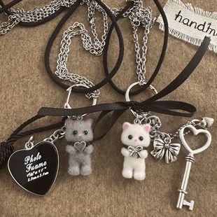 Cute Key Love Bow Cat Pendant Necklace Girl Childish Cartoon Fashion All-match Accessories Internet Celebrant