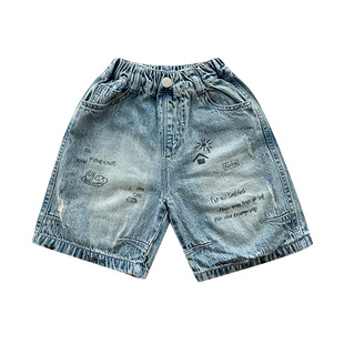 Korean Style Children's Shorts 2025 Summer New Graffiti Casual Styline Printed Five-point Denim Shorts