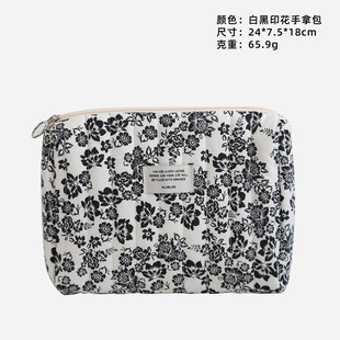 Retro Fresh Black and White Floral Cosmetic Bag Chinese Ink Style Large Capacity Portable Out-of-the-way Wash Storage Bag
