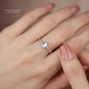 Korean version of the niche light luxury style S999 sterling silver multicolored moonstone ring wholesale water drop live finger ring niche Joker