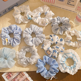 Summer Fresh Blue Polo Dot Large Intestine Hair Ring Women's High-end Lace Lace Headband Hair Accessories