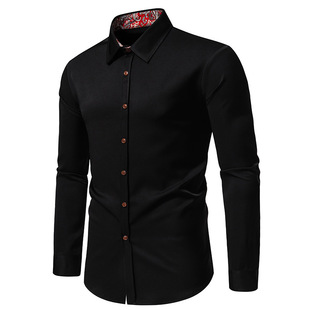 Amazon new men's triangle collar cashew flower color matching long sleeve shirt