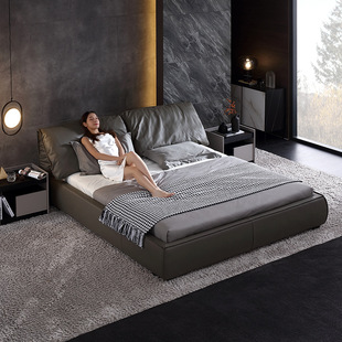 Leather Bed Double Minimalist Modern Queen Bed Master Bedroom Floor-to-Floor Light Luxury Italian Minimalist Frosted Leather Elephant Ear Bed
