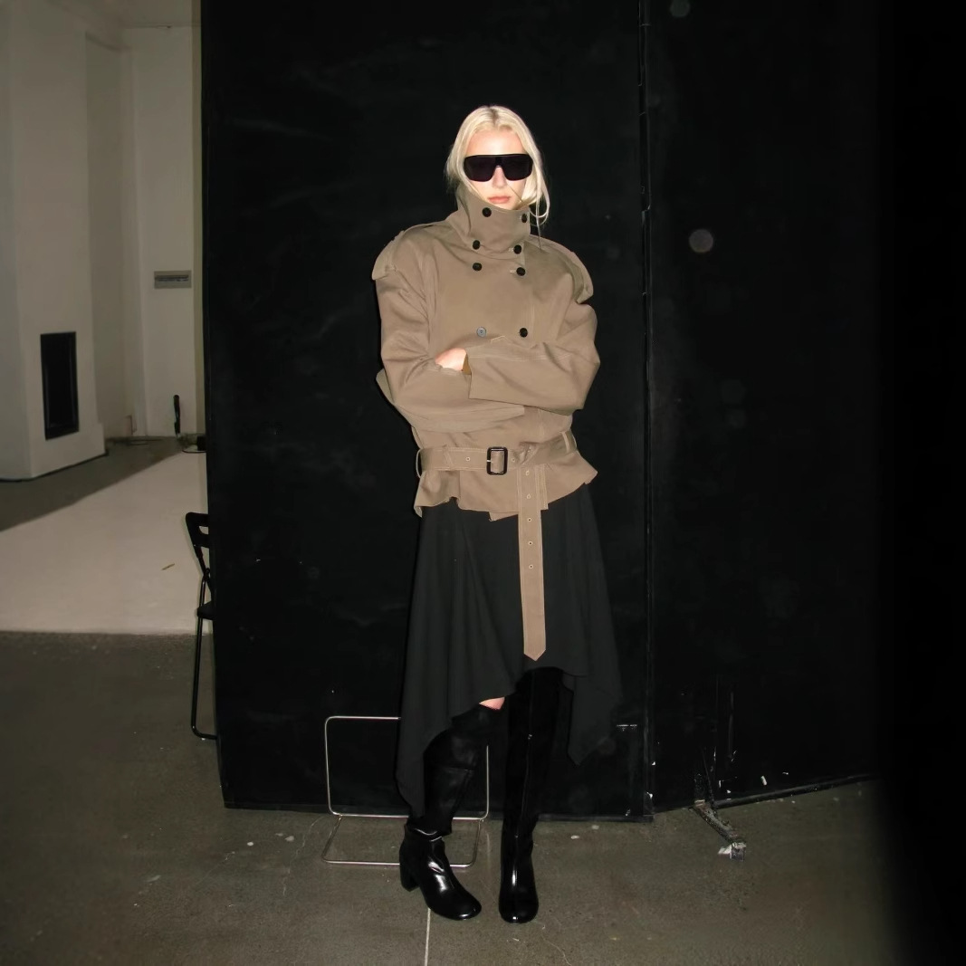 In-Stock Stand-Collar Curved-Shoulder Short Low-Waist Silhouette Trench Coat Classic Loose Long-Sleeve Jacket