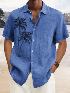 2023 New Cross-border Casual Shirt Hawaiian Coconut Tree Print Men's Loose Trendy Short-sleeved Lapel Shirt