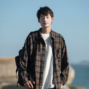 Japanese Plaid Shirt Men's Long-sleeved Spring and Autumn Retro Casual Shirt Jacket Men's Black and White Orange in stock