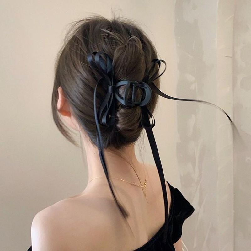 Super elegant black ribbon bow claw clip for up-dos, new exquisite ballet-style hair accessory