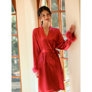 U3Q Embroidered Feather Wedding Morning Gown Women's Summer Thin Ice Silk Bridesmaid Nightgown Summer Sisters Group Bathrobe Cardigan Bath