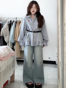 plus size Women's Embroidered Shirt Sleeve Blue Shirt Women's Autumn Ruffled Age-reducing Loose Flesh Covering Long Sleeve Top for Women