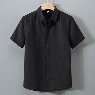 Summer Casual Men's Pure Linen Short-sleeved Shirt Square Collar Solid Color Retro Linen Handsome Thin Trendy Cotton Linen Shirt