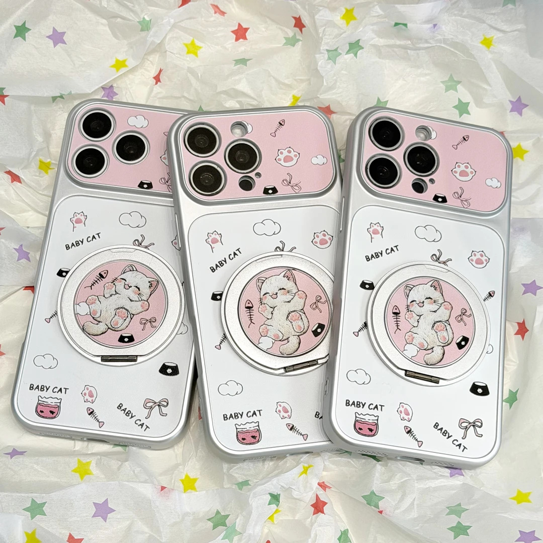 Cartoon pink and white kitten rotating stand compatible with Apple 16/17 phone case IP15, cute, 14-inch large window, 13/12-inch screen.