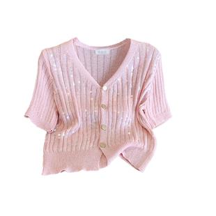 Summer Chanel-style Slim-fit Short Top Design Sense French Pink Sequins Short-sleeved Ice Silk Knitted Sweater Cardigan for Women