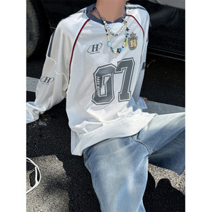 American Style Retro White Mesh Jersey Style T-shirt Men's V-neck Sweat Fashion Brand European and American Street Design Sense Long Sleeve Top