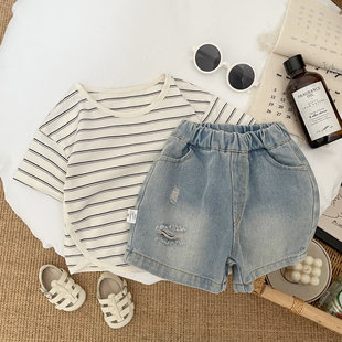 Children's Summer Cotton Short-sleeved New Korean Style Men's and Women's Western Style Striped Casual All-match Round Neck Base T-shirt