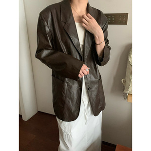 Yuanpai bluepops2024 spring new lapel PU leather coat retro style cardigan top for women AW017