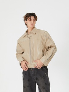 American Style Trendy Brand Niche Design Sense Double Zipper Shoulder Pad PU Leather Men's Biker Lapel Jacket Men's Coat
