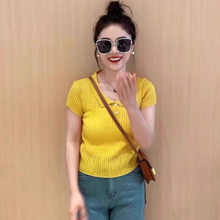 Vintage Hong Kong Style Red Knitted Ice Silk Short-sleeved Polo Shirt Women's T-shirt Summer Shoulder Slim-fit Slimming Short Top