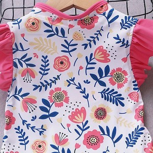 2025 Summer Girl's Pink White Lotus Leaf Sleeve Floral Swimsuit Fresh Multicolor Printed Childish Beach Swimsuit