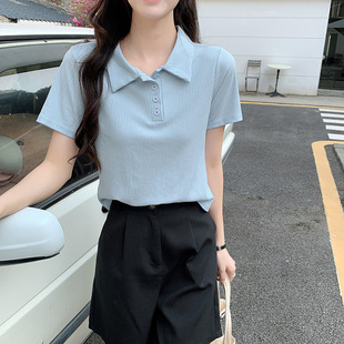 Real shot polo collar short-sleeved women's T-shirt 2023 new summer ice silk short top loose ins