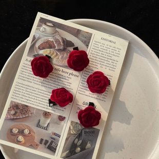 Red Velvet Rose Hair Clip Red Cute Internet Red Side Clip Ins Bangs Side Clip Hair Clip Autumn and Winter New Headwear