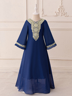 Middle East New Robe Girl's Chiffon dress Collar Long Sleeve Dress Embroidered Children's Dress Big Children's Holiday Dress