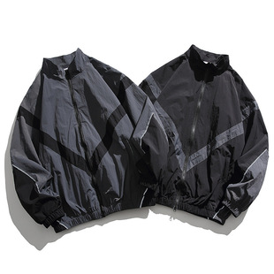 American Style Trendy Brand Embedded Reflective Stitching Vertical Collar Zipper Jacket Autumn Russ Loose Casual Jacket Men's Thin Jacket