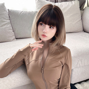 Wig women's short straight hair gradient color whole top full head cover chemical fiber simulation hair light white tea short hair net red head cover wholesale