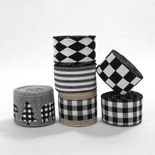 Imitation hemp Christmas black and white plaid ribbon gift packaging Christmas wreath bow decoration strap wholesale