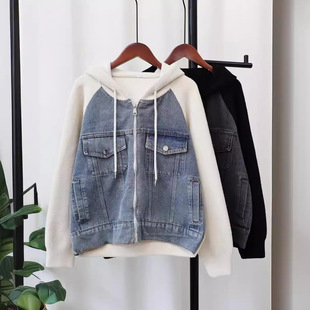 Foreign Trade Cross-border High-end Coat Women's Winter Thickened Color-matching Denim Zipper Design Hooded Sweatshirt
