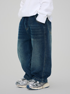 2024 Winter New Children's One-piece Cashmere Thickened Casual Trousers Men's Styline Smiley Face Warm Jeans