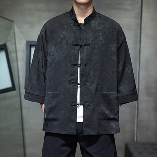 2025 Summer New Arrival Chinese Style Men's Retro Jacquard Collar Seven-Sleeve Shirt Loose plus size Trendy Top