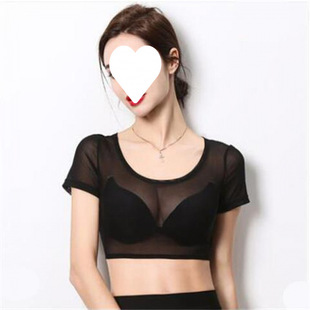 Perspective Half Black Lace Base Shirt Women's Long-sleeved Tight Inner Transparent Sexy Gauze Thin Mesh Top