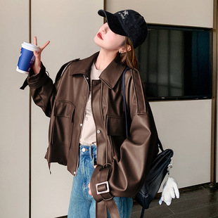 Real shot Maillard brown leather coat women's 2024 spring and autumn new high-end sense small motorcycle jacket