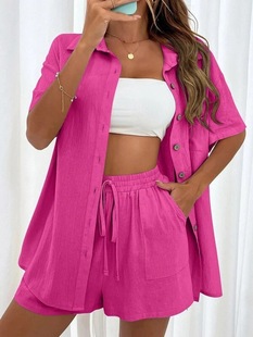 2024 Cross-border AliExpress Fashion Shorts Two Solid Color Shirts suit Women Casual Loose Short-sleeved Single-breasted