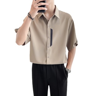 Men's Short-sleeved Shirt Summer Color-matching New Ice Silk Casual Shirt Trendy Brand Fashion Lapel Men's Shirt Trendy